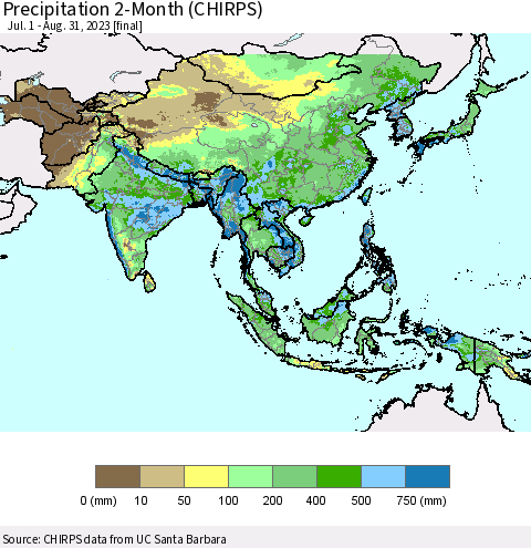 Asia Precipitation 2-Month (CHIRPS) Thematic Map For 7/1/2023 - 8/31/2023