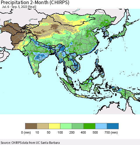 Asia Precipitation 2-Month (CHIRPS) Thematic Map For 7/6/2023 - 9/5/2023