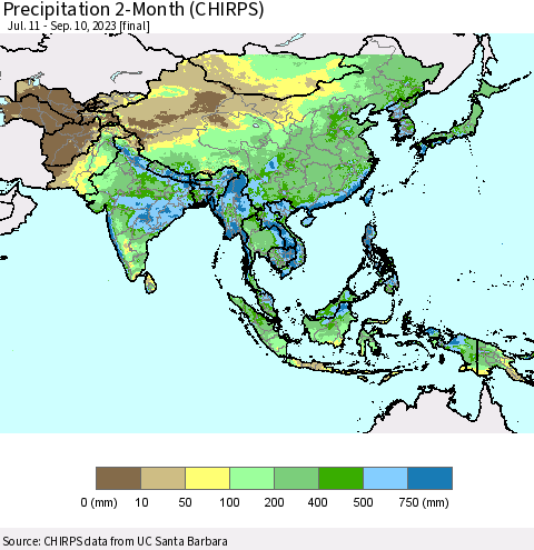 Asia Precipitation 2-Month (CHIRPS) Thematic Map For 7/11/2023 - 9/10/2023