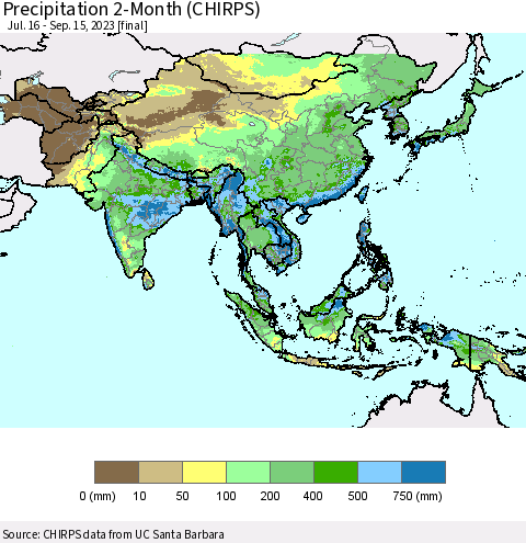 Asia Precipitation 2-Month (CHIRPS) Thematic Map For 7/16/2023 - 9/15/2023