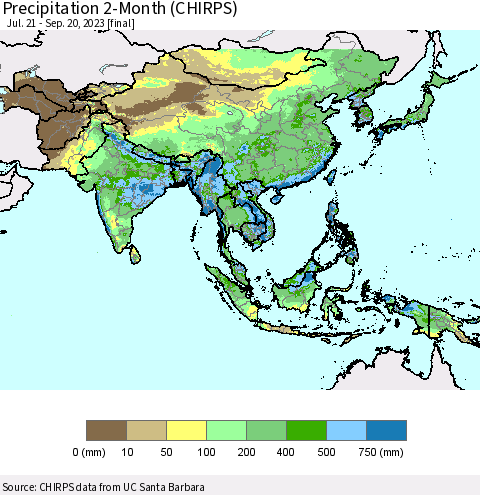 Asia Precipitation 2-Month (CHIRPS) Thematic Map For 7/21/2023 - 9/20/2023