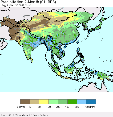 Asia Precipitation 2-Month (CHIRPS) Thematic Map For 8/1/2023 - 9/30/2023