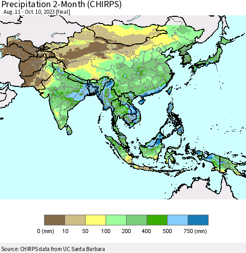 Asia Precipitation 2-Month (CHIRPS) Thematic Map For 8/11/2023 - 10/10/2023