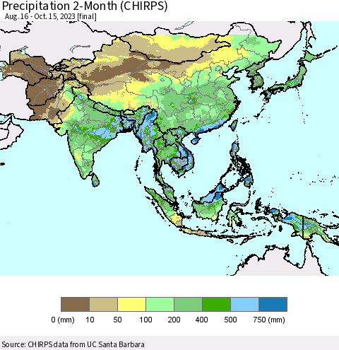 Asia Precipitation 2-Month (CHIRPS) Thematic Map For 8/16/2023 - 10/15/2023