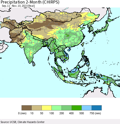 Asia Precipitation 2-Month (CHIRPS) Thematic Map For 9/11/2023 - 11/10/2023