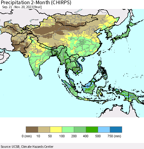 Asia Precipitation 2-Month (CHIRPS) Thematic Map For 9/21/2023 - 11/20/2023