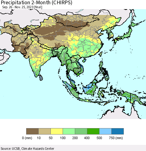 Asia Precipitation 2-Month (CHIRPS) Thematic Map For 9/26/2023 - 11/25/2023