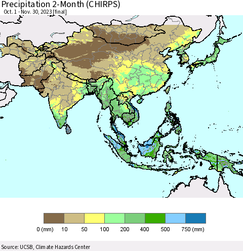 Asia Precipitation 2-Month (CHIRPS) Thematic Map For 10/1/2023 - 11/30/2023