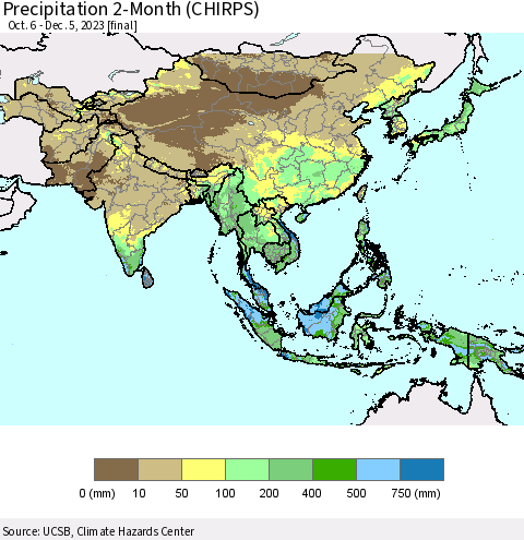Asia Precipitation 2-Month (CHIRPS) Thematic Map For 10/6/2023 - 12/5/2023