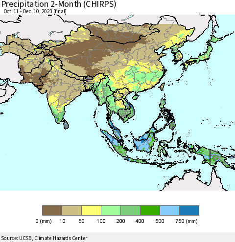 Asia Precipitation 2-Month (CHIRPS) Thematic Map For 10/11/2023 - 12/10/2023