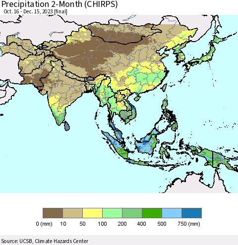 Asia Precipitation 2-Month (CHIRPS) Thematic Map For 10/16/2023 - 12/15/2023