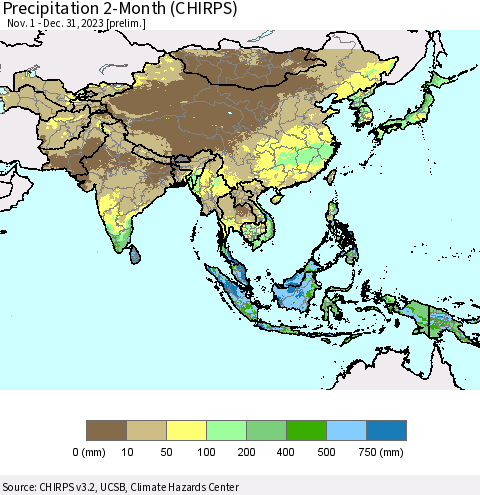 Asia Precipitation 2-Month (CHIRPS) Thematic Map For 11/1/2023 - 12/31/2023