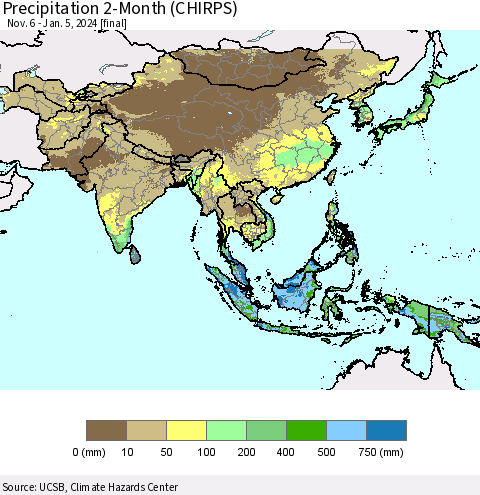 Asia Precipitation 2-Month (CHIRPS) Thematic Map For 11/6/2023 - 1/5/2024