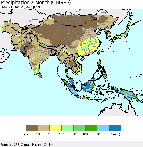 Asia Precipitation 2-Month (CHIRPS) Thematic Map For 11/21/2023 - 1/20/2024