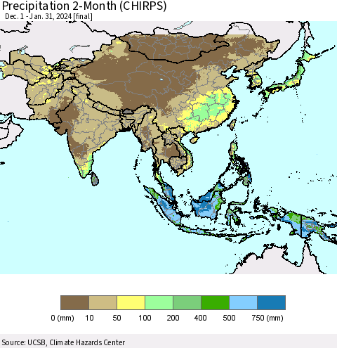 Asia Precipitation 2-Month (CHIRPS) Thematic Map For 12/1/2023 - 1/31/2024