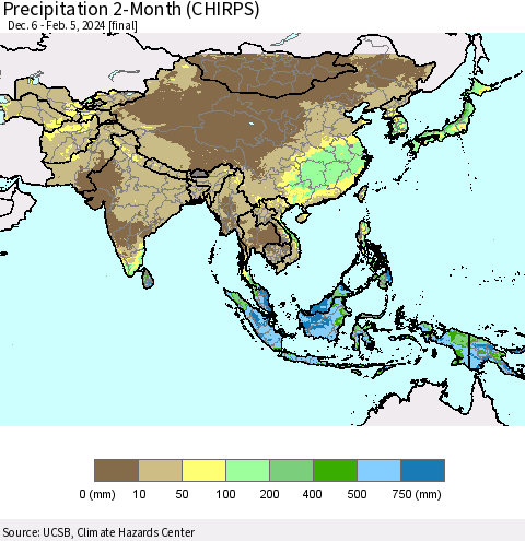 Asia Precipitation 2-Month (CHIRPS) Thematic Map For 12/6/2023 - 2/5/2024