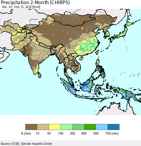 Asia Precipitation 2-Month (CHIRPS) Thematic Map For 12/16/2023 - 2/15/2024