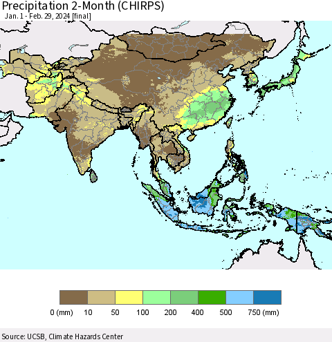 Asia Precipitation 2-Month (CHIRPS) Thematic Map For 1/1/2024 - 2/29/2024