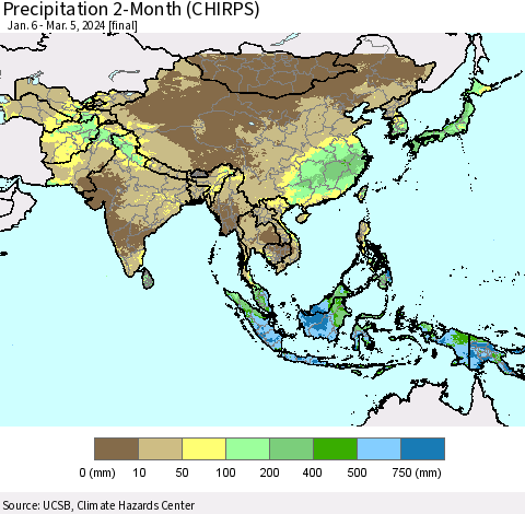 Asia Precipitation 2-Month (CHIRPS) Thematic Map For 1/6/2024 - 3/5/2024