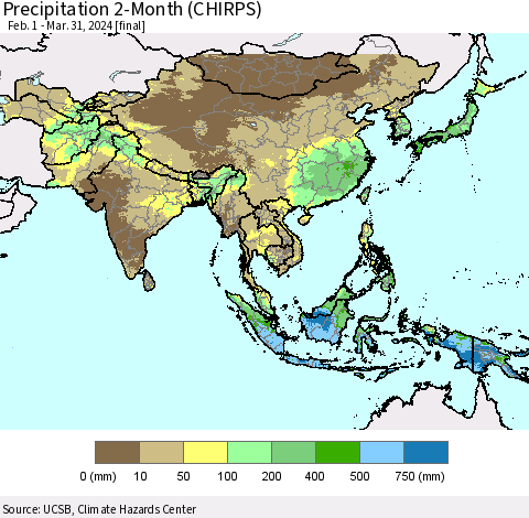 Asia Precipitation 2-Month (CHIRPS) Thematic Map For 2/1/2024 - 3/31/2024