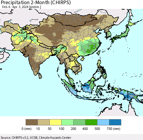 Asia Precipitation 2-Month (CHIRPS) Thematic Map For 2/6/2024 - 4/5/2024