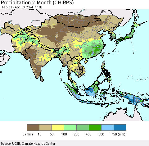 Asia Precipitation 2-Month (CHIRPS) Thematic Map For 2/11/2024 - 4/10/2024