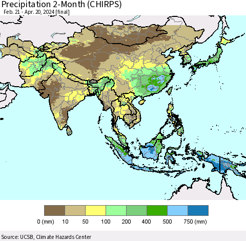 Asia Precipitation 2-Month (CHIRPS) Thematic Map For 2/21/2024 - 4/20/2024