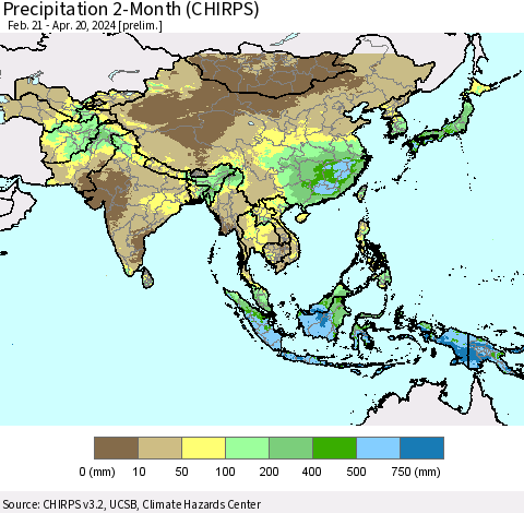 Asia Precipitation 2-Month (CHIRPS) Thematic Map For 2/21/2024 - 4/20/2024