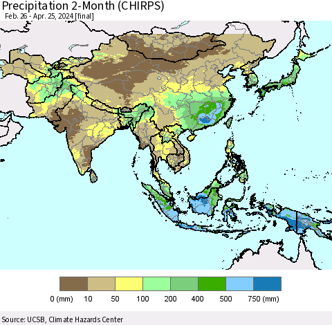 Asia Precipitation 2-Month (CHIRPS) Thematic Map For 2/26/2024 - 4/25/2024