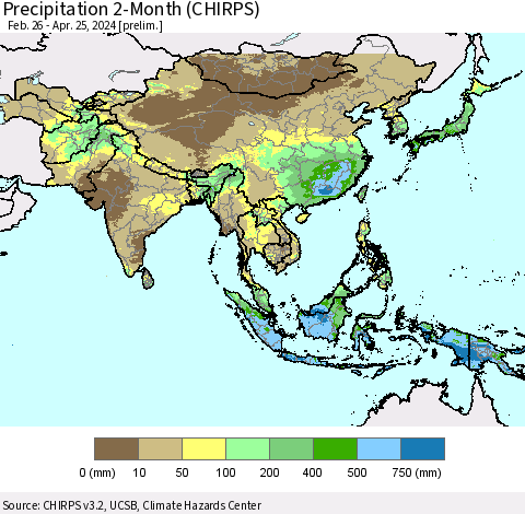 Asia Precipitation 2-Month (CHIRPS) Thematic Map For 2/26/2024 - 4/25/2024