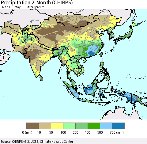 Asia Precipitation 2-Month (CHIRPS) Thematic Map For 3/16/2024 - 5/15/2024