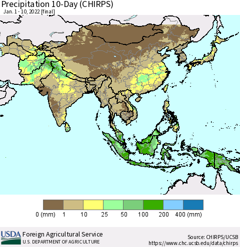 Asia Precipitation 10-Day (CHIRPS) Thematic Map For 1/1/2022 - 1/10/2022