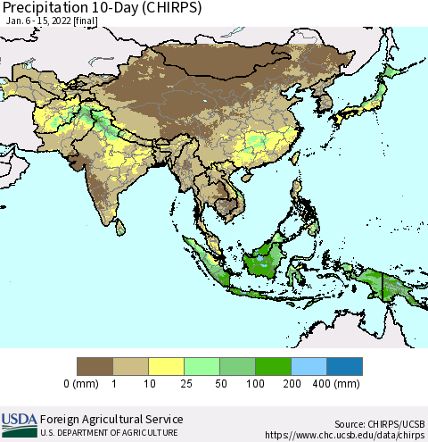 Asia Precipitation 10-Day (CHIRPS) Thematic Map For 1/6/2022 - 1/15/2022