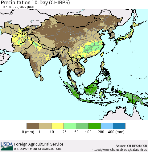 Asia Precipitation 10-Day (CHIRPS) Thematic Map For 1/16/2022 - 1/25/2022
