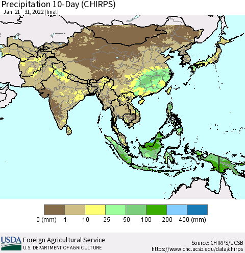 Asia Precipitation 10-Day (CHIRPS) Thematic Map For 1/21/2022 - 1/31/2022