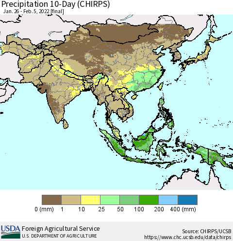 Asia Precipitation 10-Day (CHIRPS) Thematic Map For 1/26/2022 - 2/5/2022