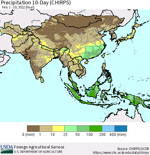 Asia Precipitation 10-Day (CHIRPS) Thematic Map For 2/1/2022 - 2/10/2022