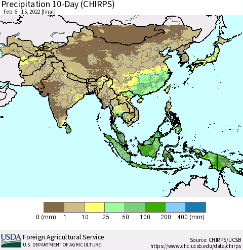 Asia Precipitation 10-Day (CHIRPS) Thematic Map For 2/6/2022 - 2/15/2022