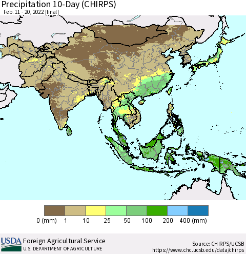 Asia Precipitation 10-Day (CHIRPS) Thematic Map For 2/11/2022 - 2/20/2022