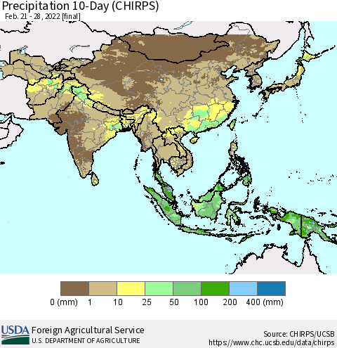Asia Precipitation 10-Day (CHIRPS) Thematic Map For 2/21/2022 - 2/28/2022