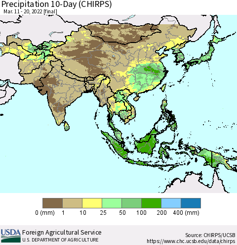 Asia Precipitation 10-Day (CHIRPS) Thematic Map For 3/11/2022 - 3/20/2022