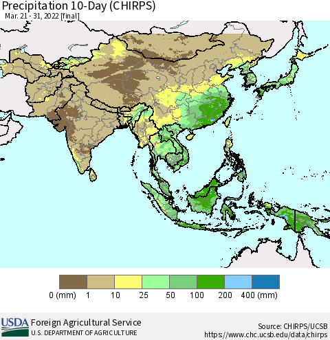 Asia Precipitation 10-Day (CHIRPS) Thematic Map For 3/21/2022 - 3/31/2022