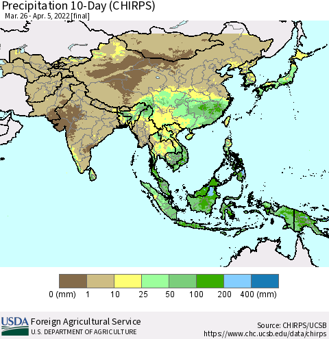 Asia Precipitation 10-Day (CHIRPS) Thematic Map For 3/26/2022 - 4/5/2022