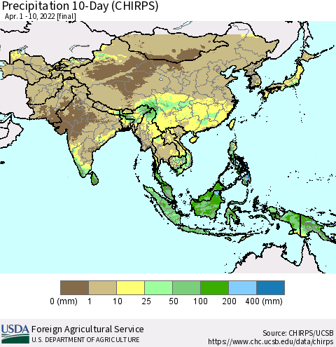 Asia Precipitation 10-Day (CHIRPS) Thematic Map For 4/1/2022 - 4/10/2022