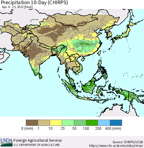 Asia Precipitation 10-Day (CHIRPS) Thematic Map For 4/6/2022 - 4/15/2022