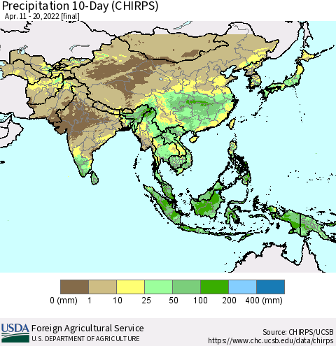 Asia Precipitation 10-Day (CHIRPS) Thematic Map For 4/11/2022 - 4/20/2022
