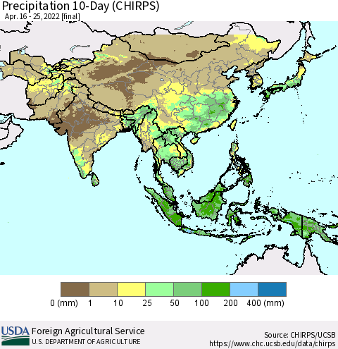 Asia Precipitation 10-Day (CHIRPS) Thematic Map For 4/16/2022 - 4/25/2022