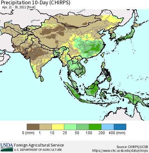 Asia Precipitation 10-Day (CHIRPS) Thematic Map For 4/21/2022 - 4/30/2022