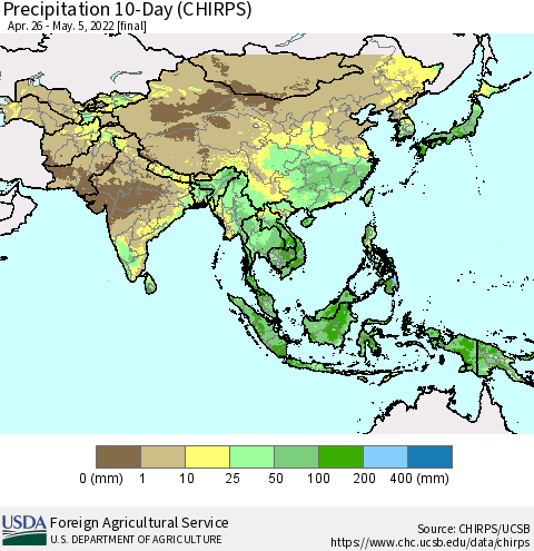 Asia Precipitation 10-Day (CHIRPS) Thematic Map For 4/26/2022 - 5/5/2022