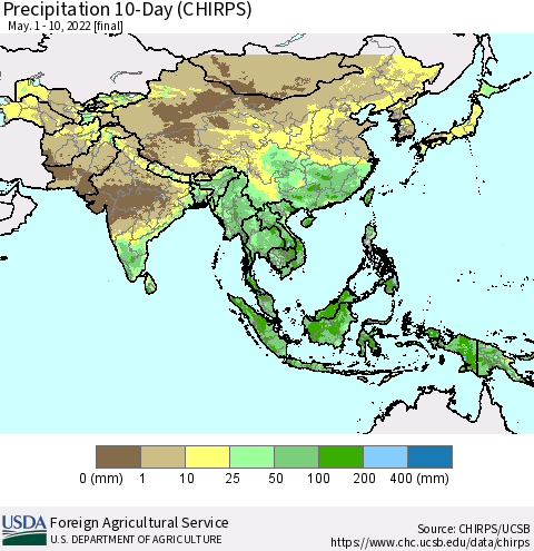 Asia Precipitation 10-Day (CHIRPS) Thematic Map For 5/1/2022 - 5/10/2022
